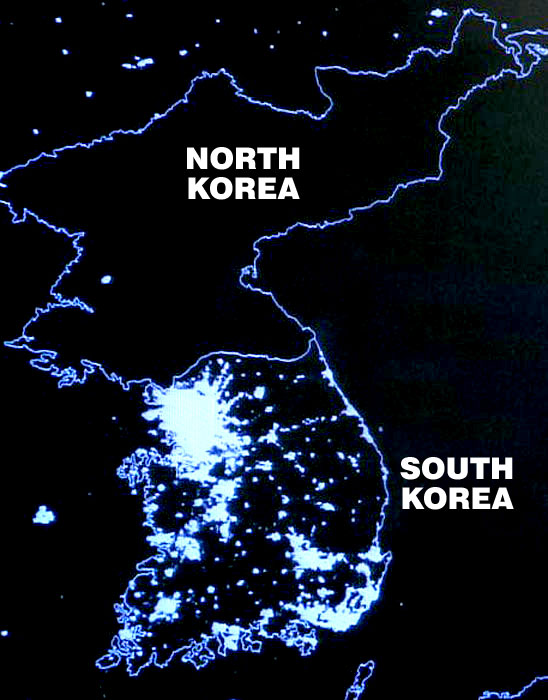 south korea north korea at night. South Korea versus