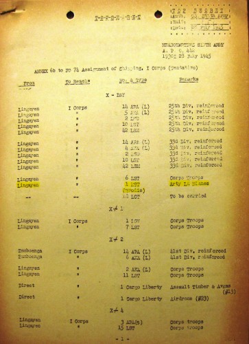 Annex 6b to Field Order 74 Assignment of Shipping, I Corps (Tentative) pg. 1, Krueger Collection, Texas A&M