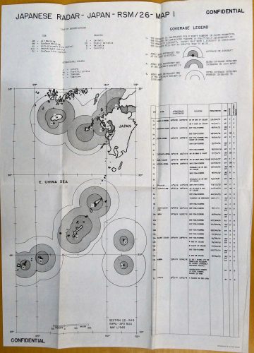 This is a SWPA GHQ Section 22 Japanese radar coverage map. The circles on the map are detection ranges of a formation of six B-24 bombers at low, medium and high altitudes. The table on the right of the photo lists radar locations, types, radar frequencies and intelligence reliability and last date of detection.