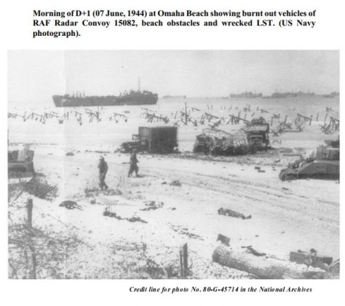 Destroyed RAF Radar Convoy 15082 on Omaha Beach Source: Horace R. (Red) Macaulay Chapter 11, RCAF Radar History