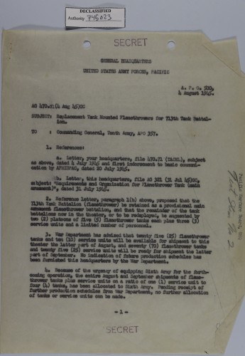 <strong>Flame Tank Supply Situation, 4 Aug 1945</strong>