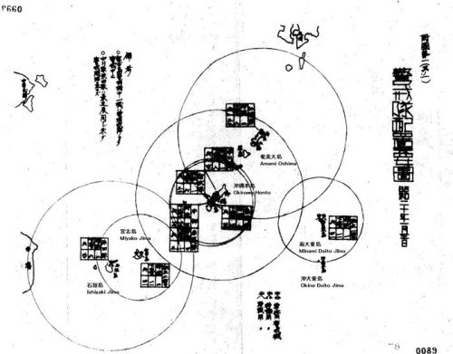 This is a map of the ground based Radars of the imperial Japanese Army in the Ryukyu Island chain. They had a separate command chain and different radars than the IJN. And the IJA used metric measurements -- meters and kilometers -- while the IJN used yards and nautical miles.