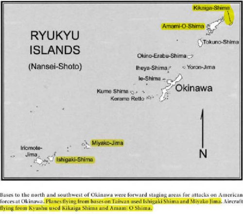 The yellow highlighted names on this map show island in the Ryukyu chain that hosted Japanese air bases that were used through out the 83 day Okinawa campaign as staging areas for kamikaze, spotter and snooper aircraft. These bases were never fully suppressed by American or British air strikes.