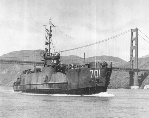 Landing Craft Infantry, Large, 701.  One of the four small landing ships to make up TASK GROUP 70.4 in February 1945
