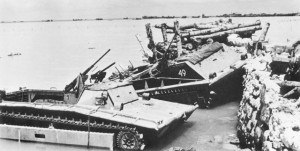 Two destroyed LVT's in the Tarawa Lagoon in 1943. They lacked radios and their crews were untrained in US naval visual signals
