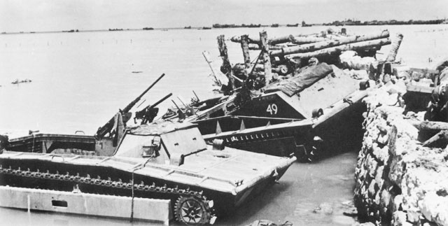 Two destroyed LVT's in the Tarawa Lagoon in 1943.  They lacked radios and their crews were untrained in US naval visual signals