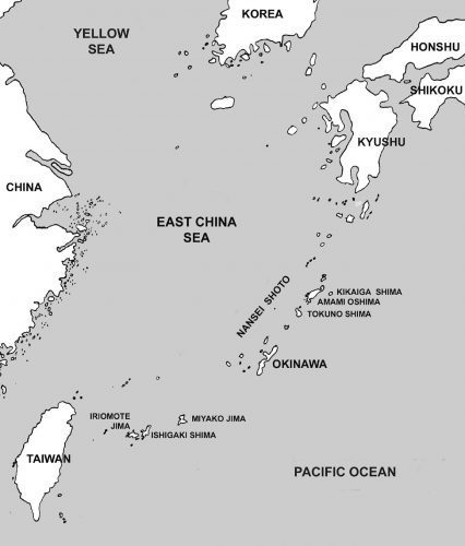 This is a map of the Ryukyu Island chain with Okinawa at the lower center-right. It's location would allow American airpower to dominate the sea lanes from China and Korea to Japan. Phase III of Operation Iceberg was to capture Miyako Jima for the RAF Bomber Command Tiger Force as well as Kikaiga Jima, Amami Oshima and Tokuno Shima for fighter bases to cover the Operation Olympic landings on Kyushu.