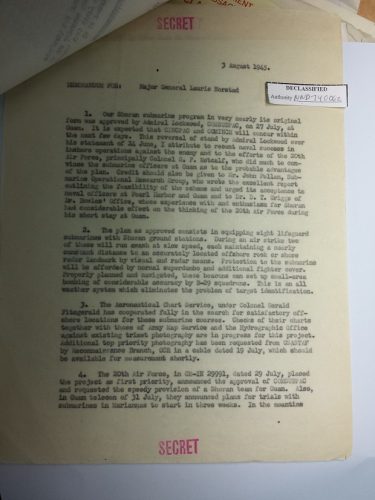 This is the first page of a 3 August 1945 20th Air Force memo to Major General Norstad, Deputy Chief of Staff of the USAAF, concerning the use of "Lifeguard" submarines as beacons for Shoran guided B-29 raids on Japan.