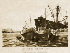 Mission X Small Boats Moving Supplies Forward from a Liberty Ship