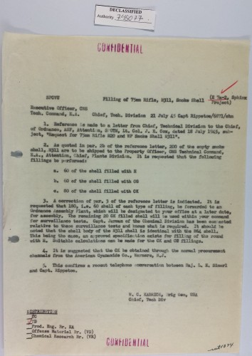 Filling of 75mm rifle, M311, Smoke Shell, E7a-2 Sphinx Project, 21 July 1945