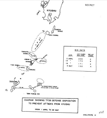 SERIAL 00222 18 JUNE 1945 REPORT OF OPERATIONS OF TASK FORCE FIFTY-EIGHT IN SUPPORT OF LANDINGS AT OKINAWA, 14 MARCH THROUGH 28 MAY (EAST LONGITUDE DATES, INCLUDING ACTIONS AGAINST KYUSHU, NANSEI SHOTO, JAPANESE FLEET AT KURE) THE YAMATO, AND OPERATIONS IN DIRECT SUPPORT OF LANDINGS AT OKINAWA. COMMANDER TASK FORCE FIFTY-EIGHT (COMMANDER FIRST CARRIER TASK FORCE - PACIFIC - VICE ADMIRAL MITSCHER USN)