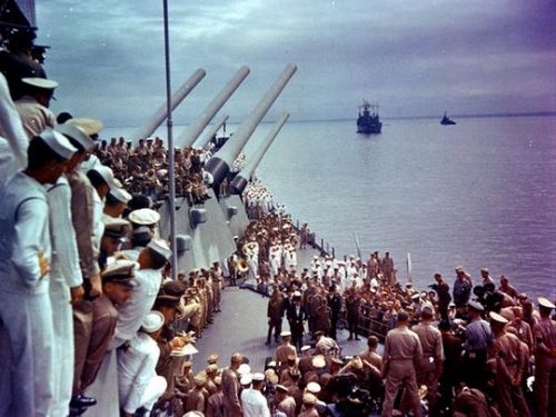 Color Photo of the Sept 2, 1945 Imperial Japanese Surrender ceremony marking the conclusion of WW2 on the Battleship USS Missouri.